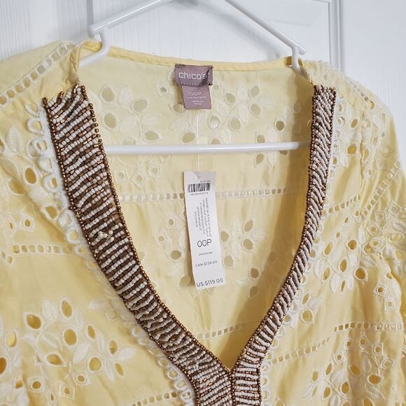CHICOS Embroidered Light Yellow Blouse New with Tags - Picture 5 of 7